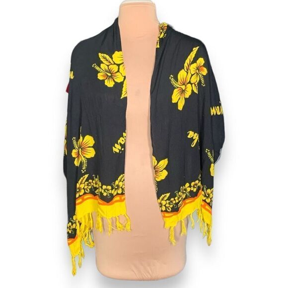 Hawaiian Sarong Wrap Scarf Black Yellow Floral Aloha Fringe Beach Swim Coverup - Picture 4 of 10